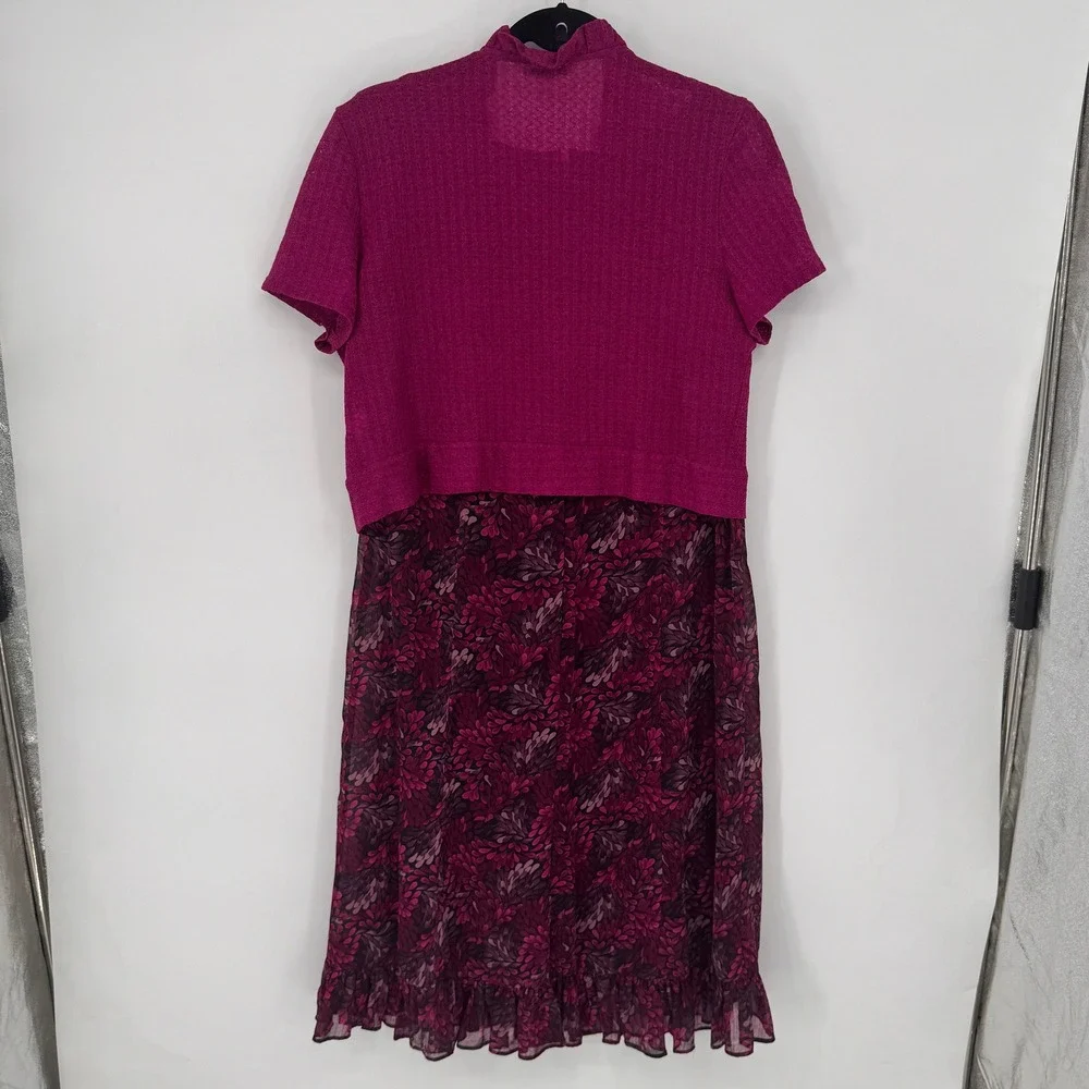 Studio I Dress & Cardigan Set Womens 12 Magenta Floral Ruffle Good 2pc Modest